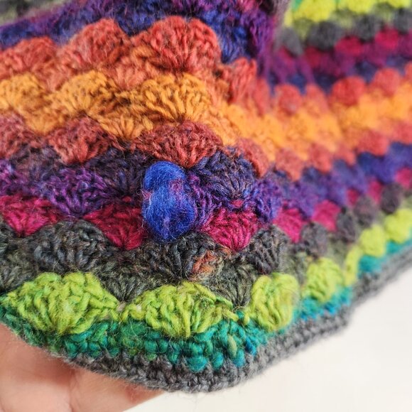 Hand Knit Rainbow Striped Hooded Poncho Unisex Hippie Colorful Yarn - Picture 3 of 14